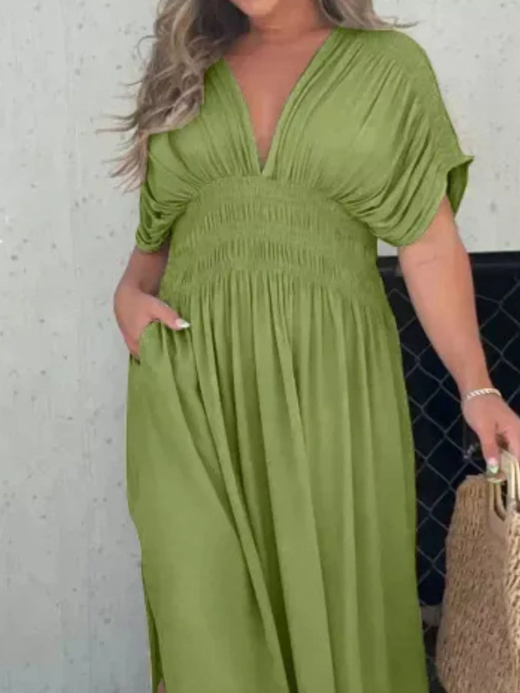 Full Size Slit V-Neck Smocked Waist Maxi Dress Plus Size - Girly Tea