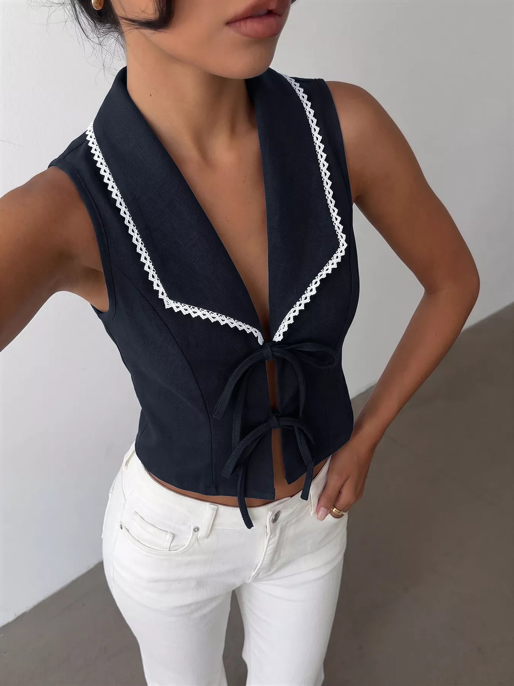 Lace Trim Tie-Front Vest - Girly Tea