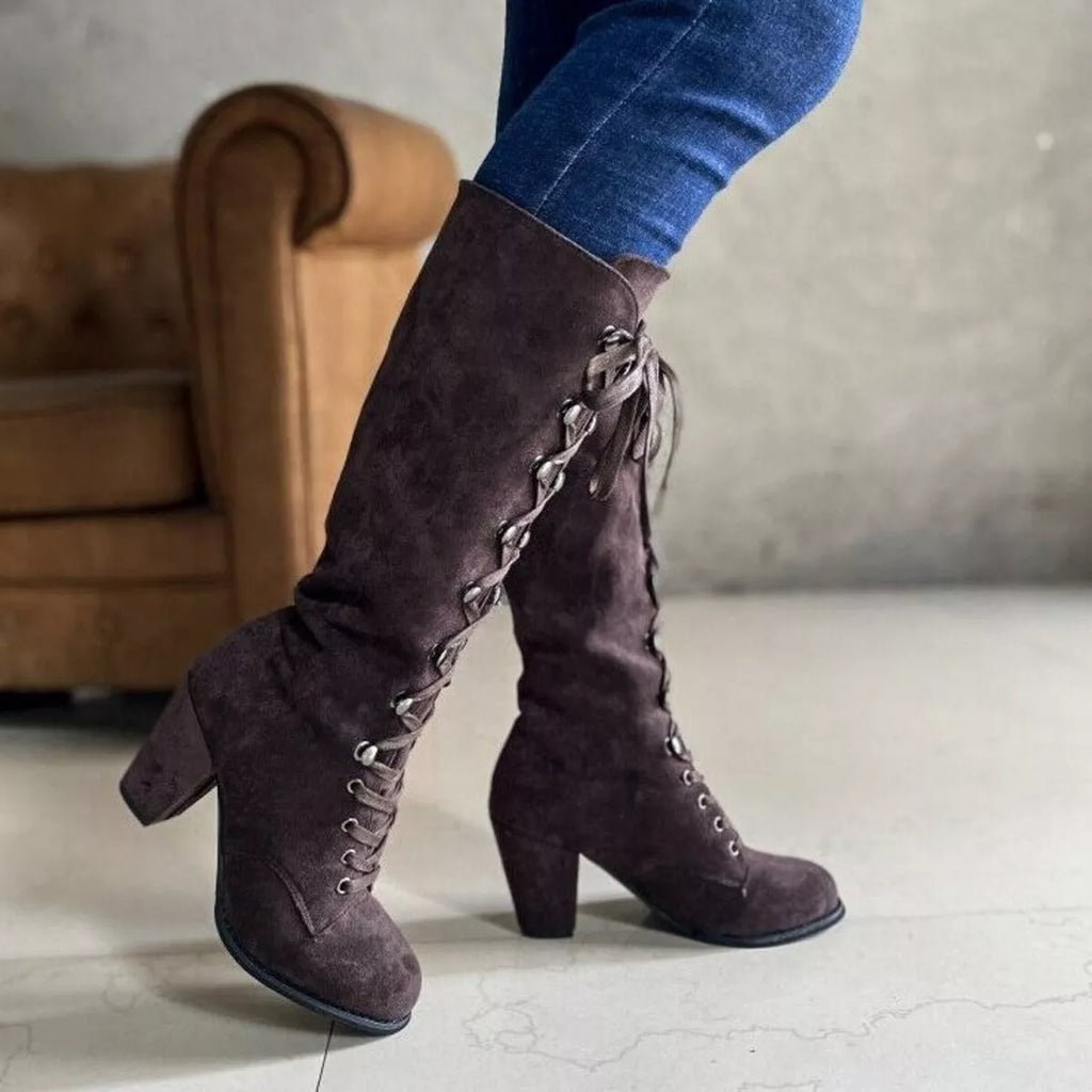 Lace Up Block Heels Boots - Girly Tea
