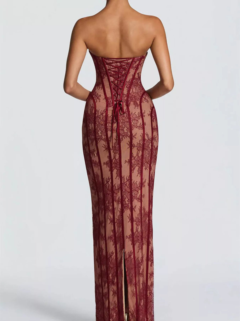 Lace Up Back Strapless Maxi Dress - Girly Tea