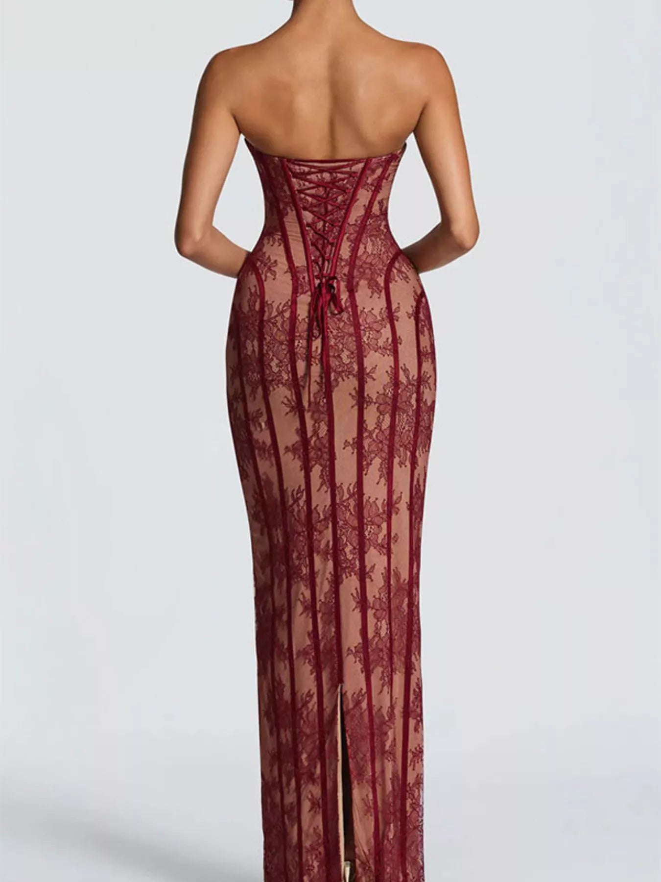Lace Up Back Strapless Maxi Dress - Girly Tea