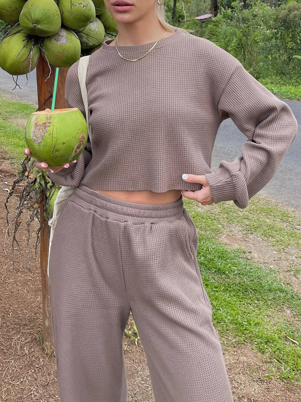 Waffle-Knit Round Neck Top and Pants Set - Girly Tea