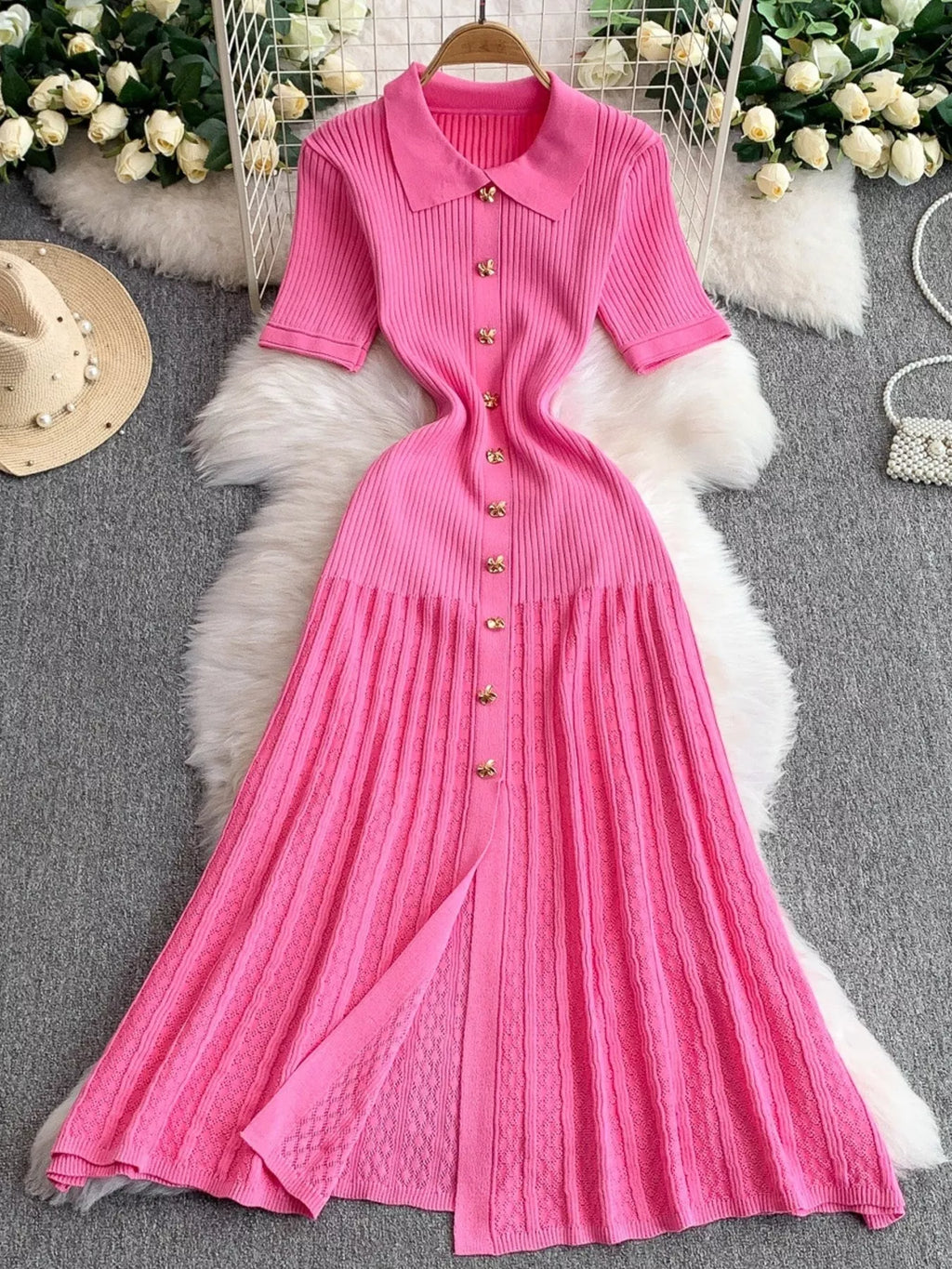 Button Front Ribbed Knit Midi Dress - Girly Tea