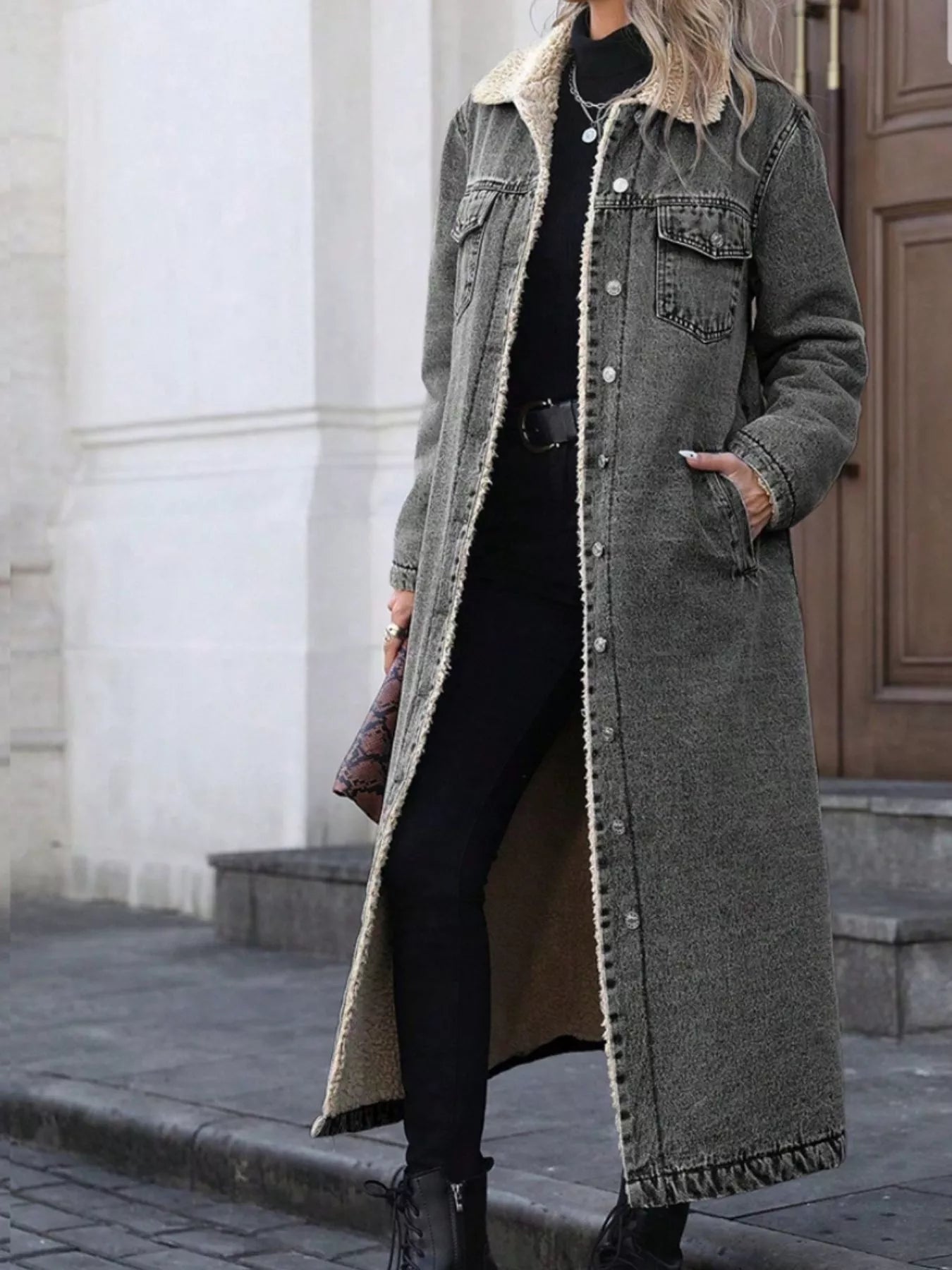 Sherpa Lined Longline Denim Jacket - Girly Tea