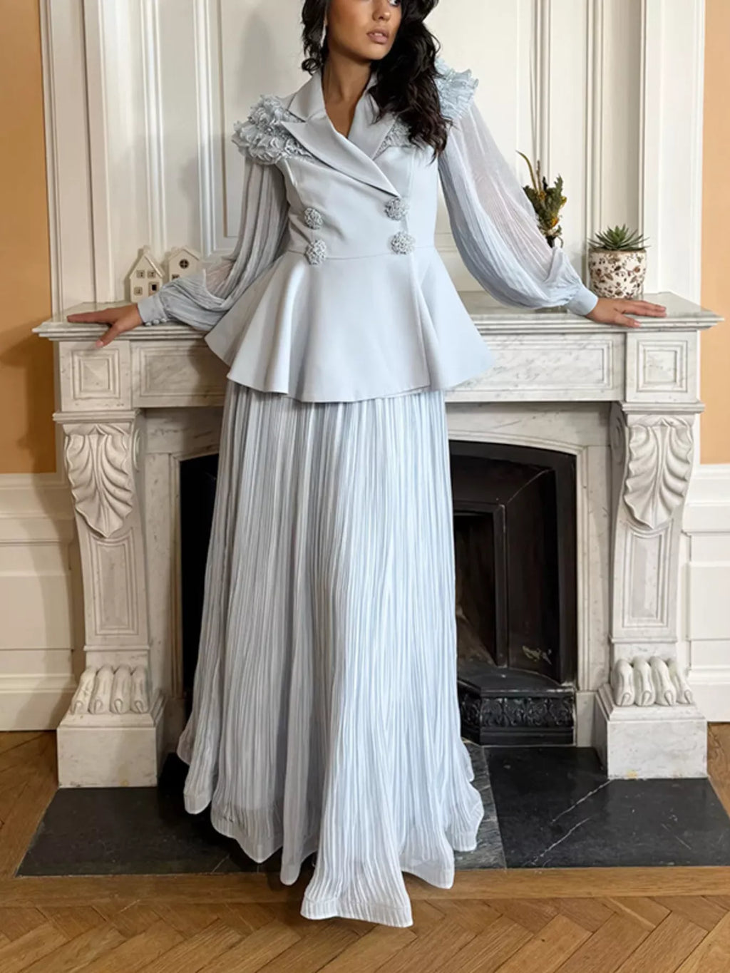Frill Lapel Collar Top and Pleated Skirt Set - Girly Tea