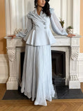 Frill Lapel Collar Top and Pleated Skirt Set - Girly Tea