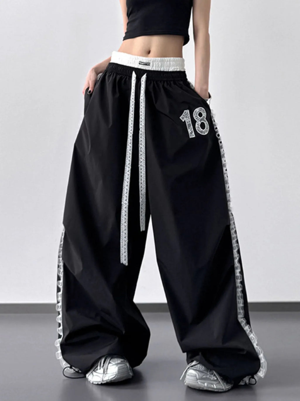Lace Detail Drawstring Wide Leg Pants - Girly Tea