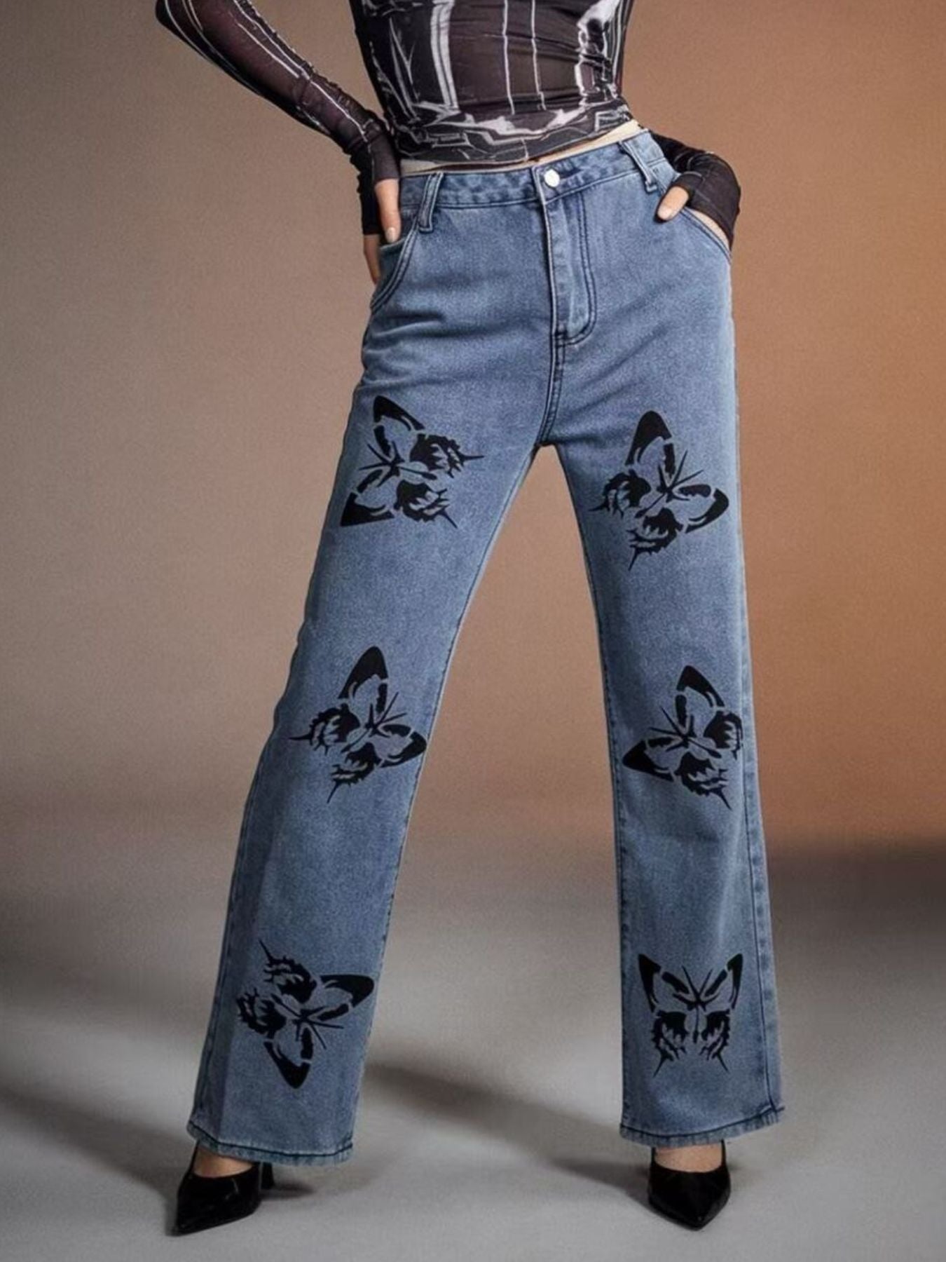 Butterfly Print High-Waisted Wide Leg Jeans - Girly Tea