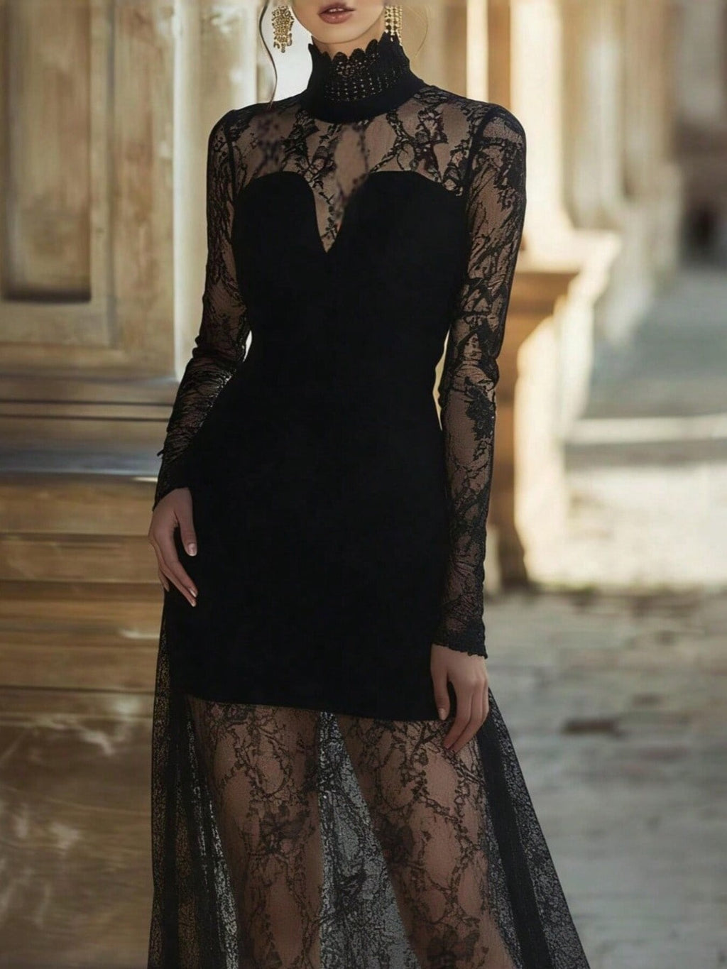 Lace High Neck Long Sleeve Maxi Dress - Girly Tea