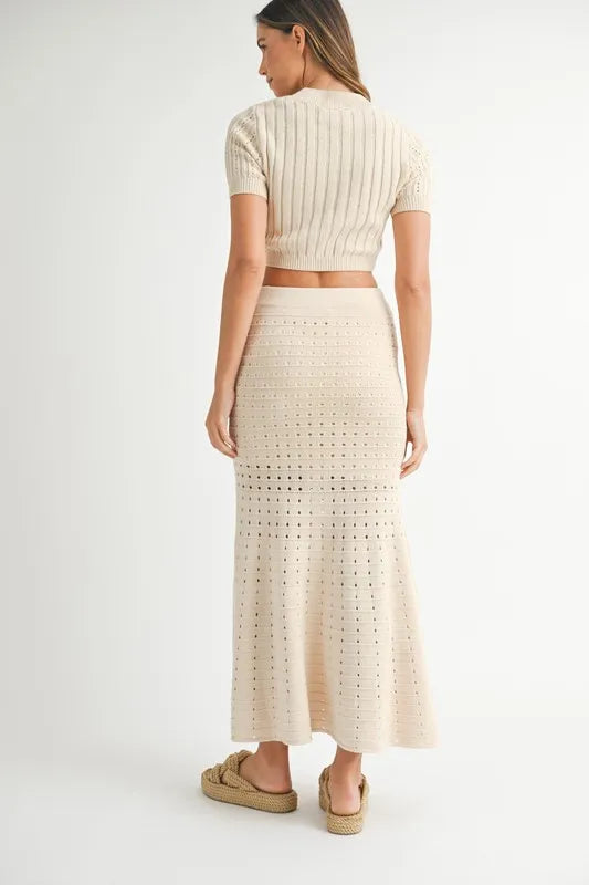 MABLE Pointelle Short Sleeve Crop Top and Slit Skirt Sweater Set - Girly Tea