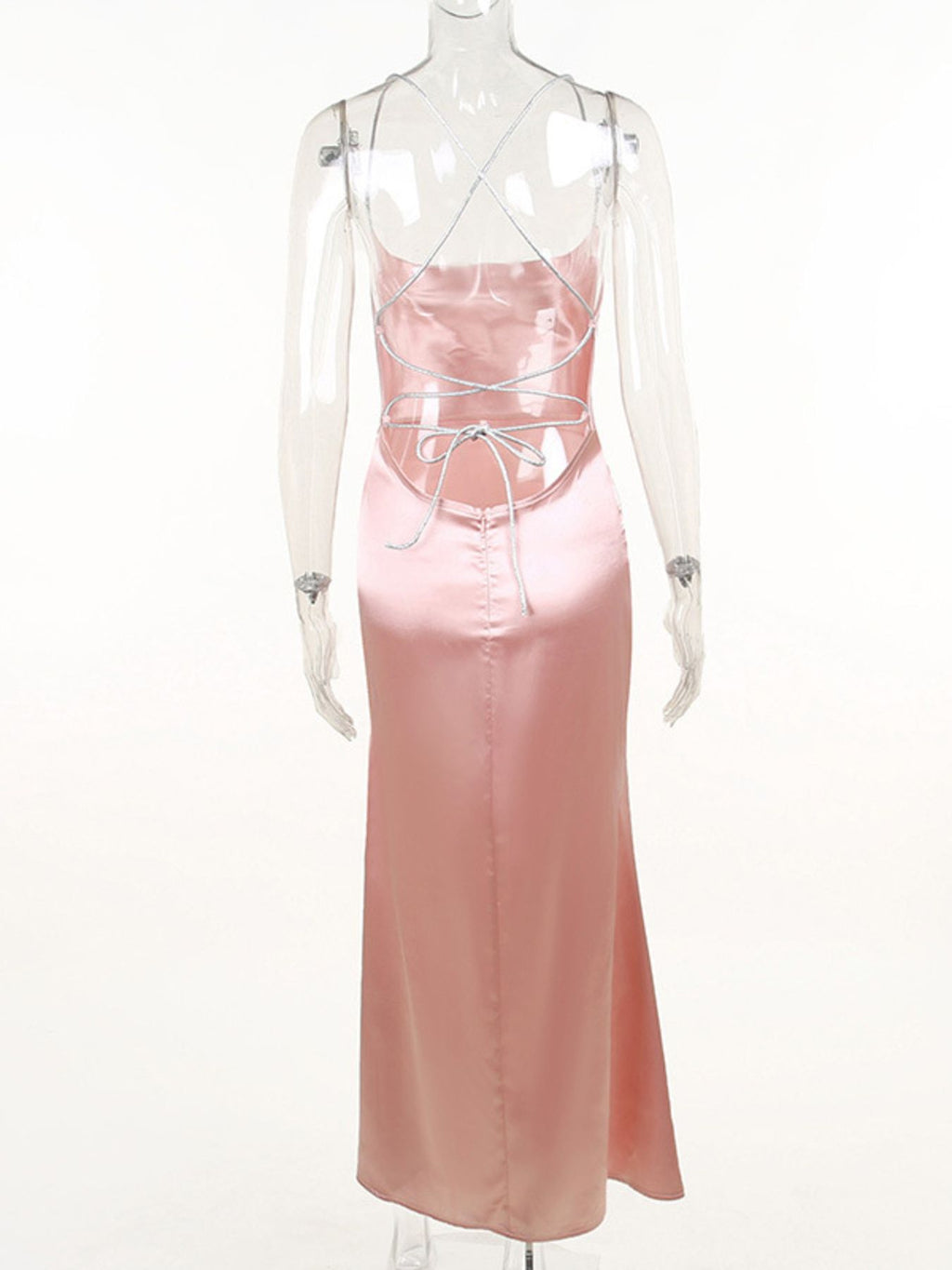 Slinky Satin Cowl Neck High Slit Dress with Back Lace Up - Girly Tea