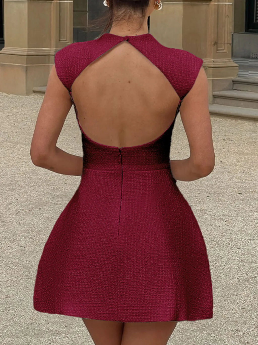 Cutout Back Round Neck Cap Sleeve Mini Dress - Girly Tea