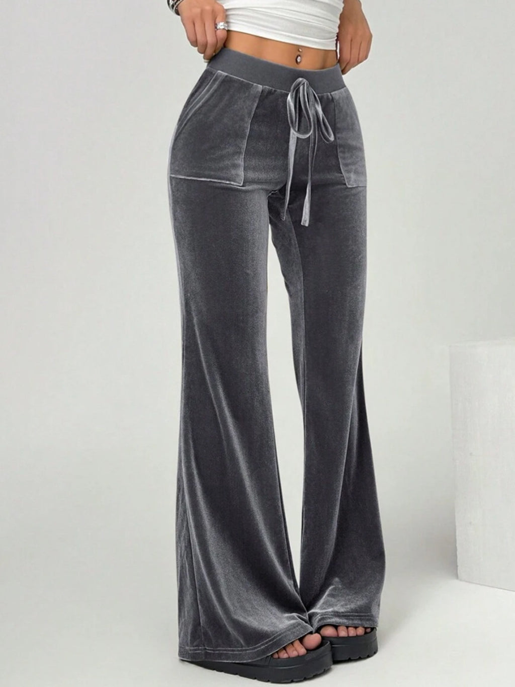 Velvet Flare Pants with Drawstring - Girly Tea