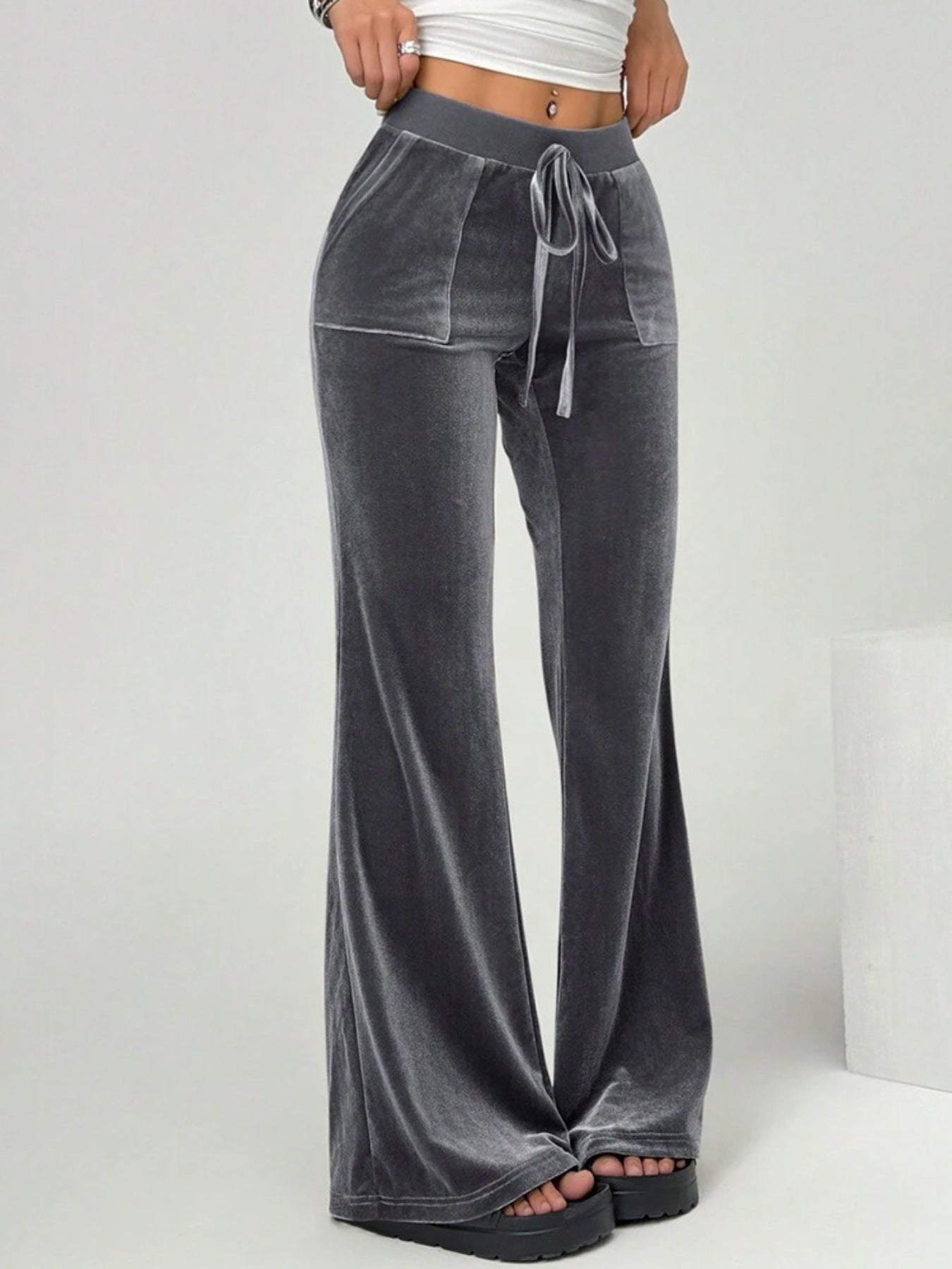 Velvet Flare Pants with Drawstring - Girly Tea