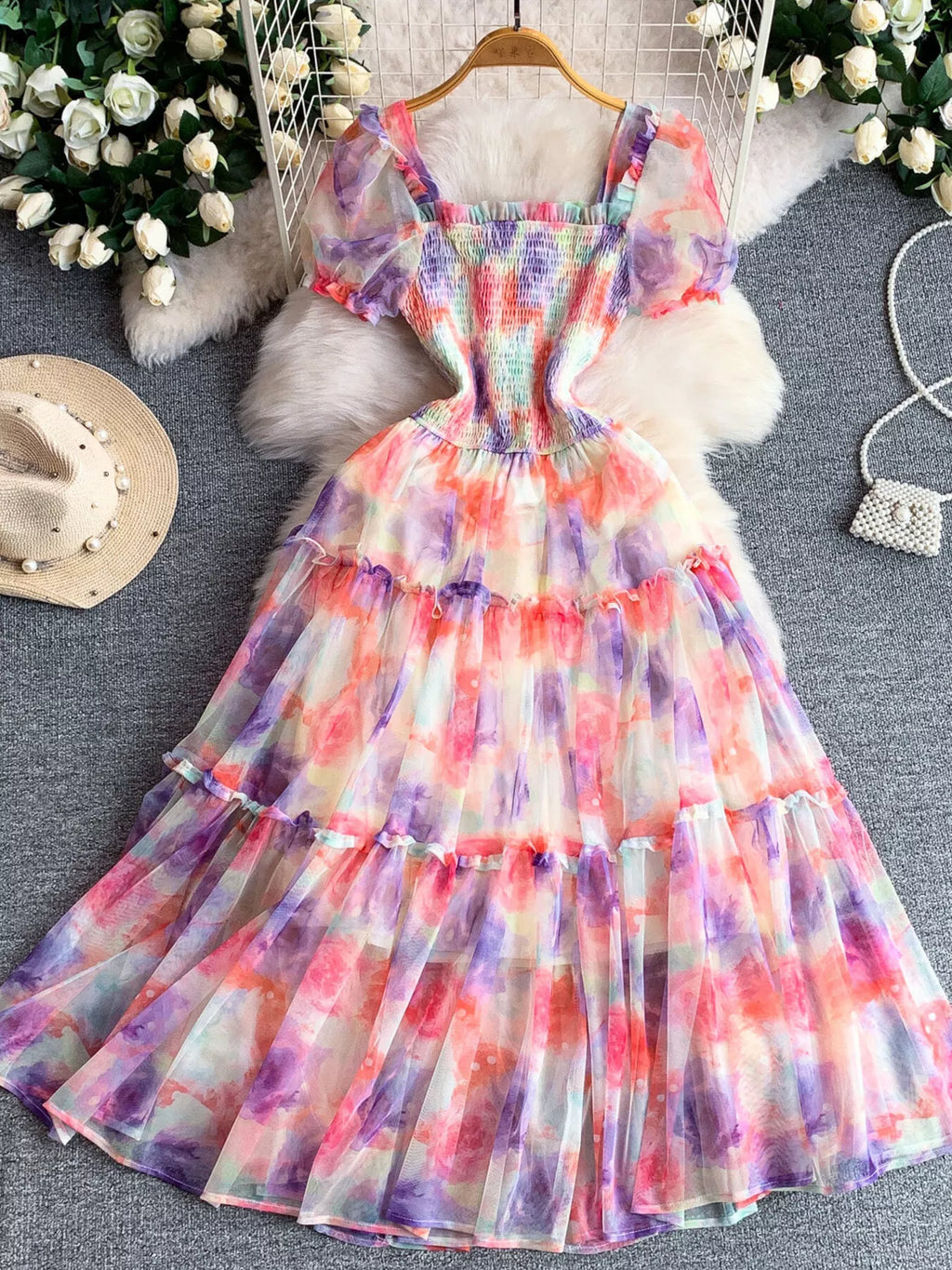 Smocked Floral Tiered Mesh Midi Dress - Girly Tea
