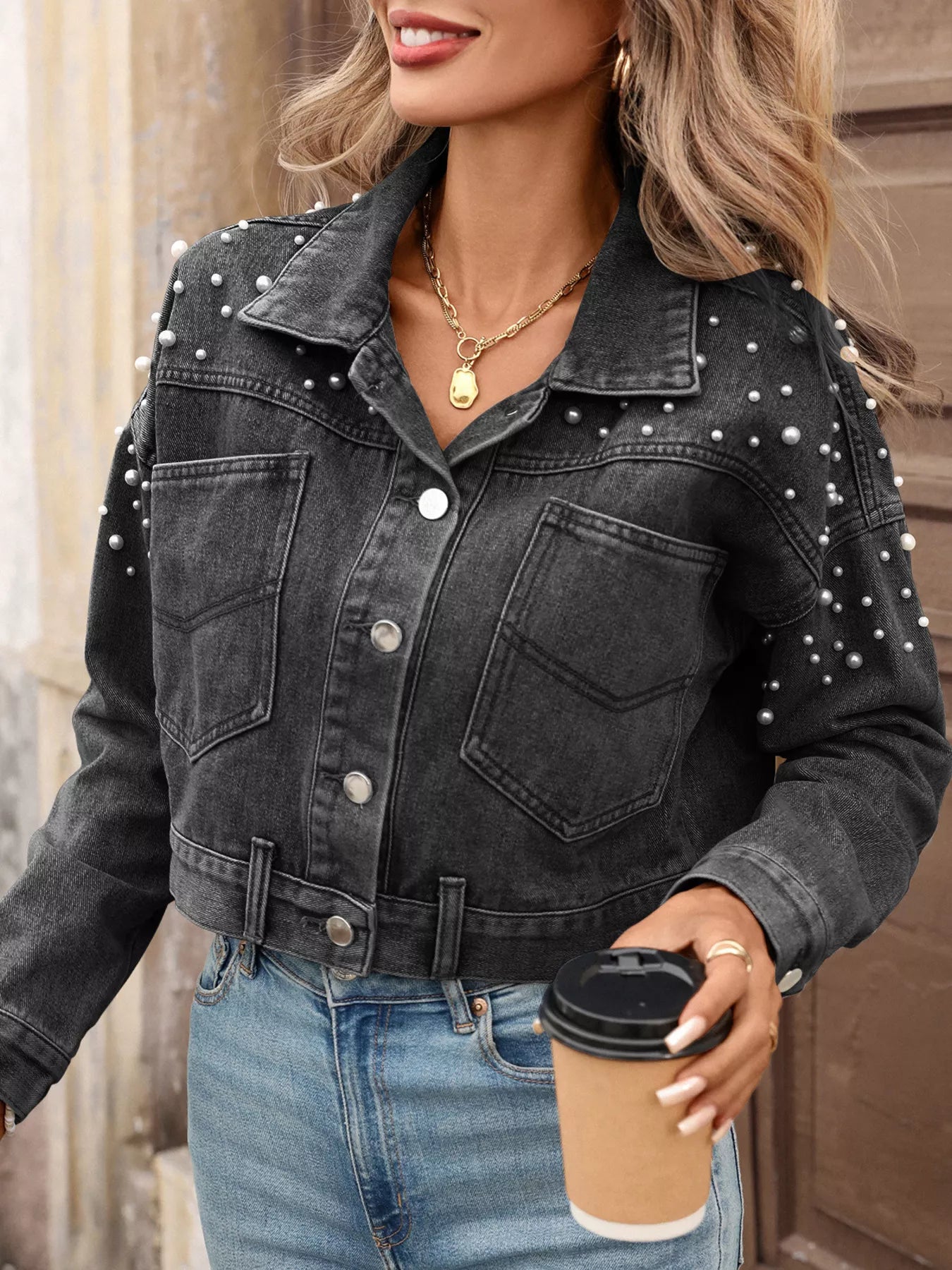 Pearl Embellished Cropped Denim Jacket - Girly Tea