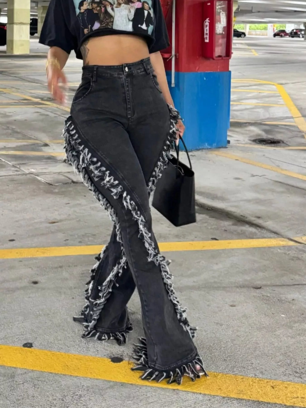 Frayed Trim High Waist Flare Jeans - Girly Tea