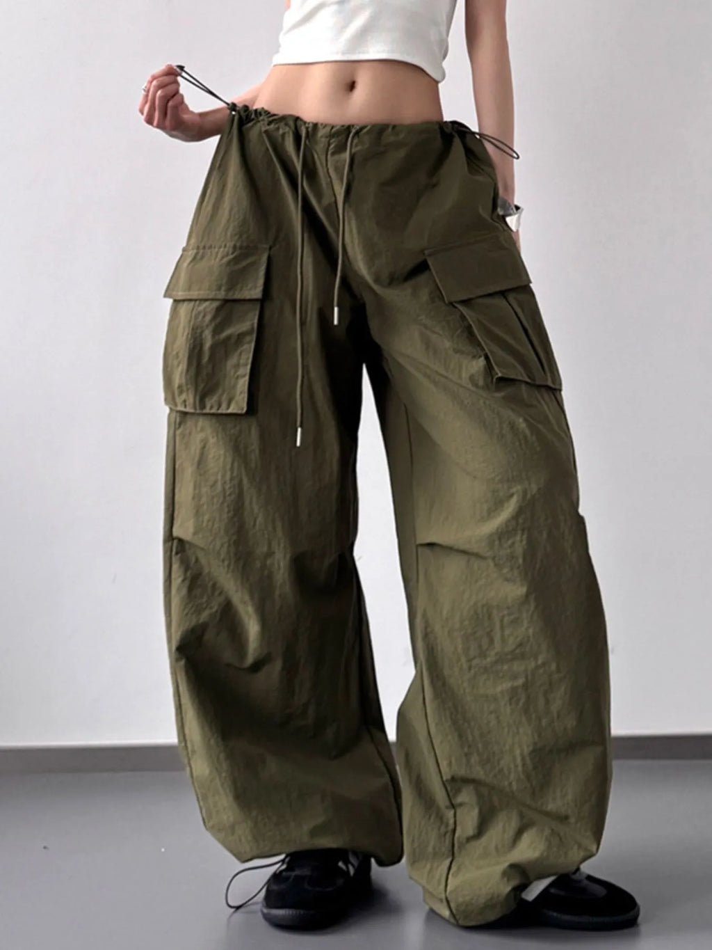 Drawstring Wide Leg Cargo Pants - Girly Tea
