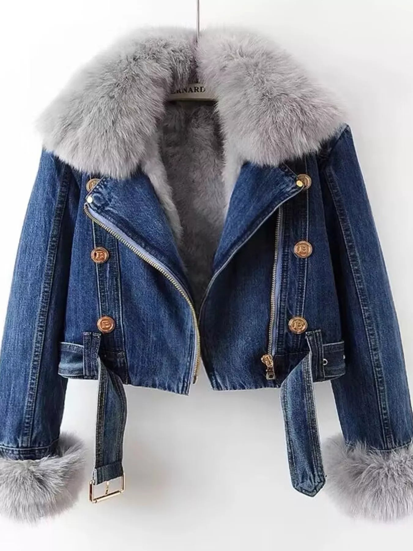 Full Size Faux Fur Collar Denim Jacket Plus Size - Girly Tea