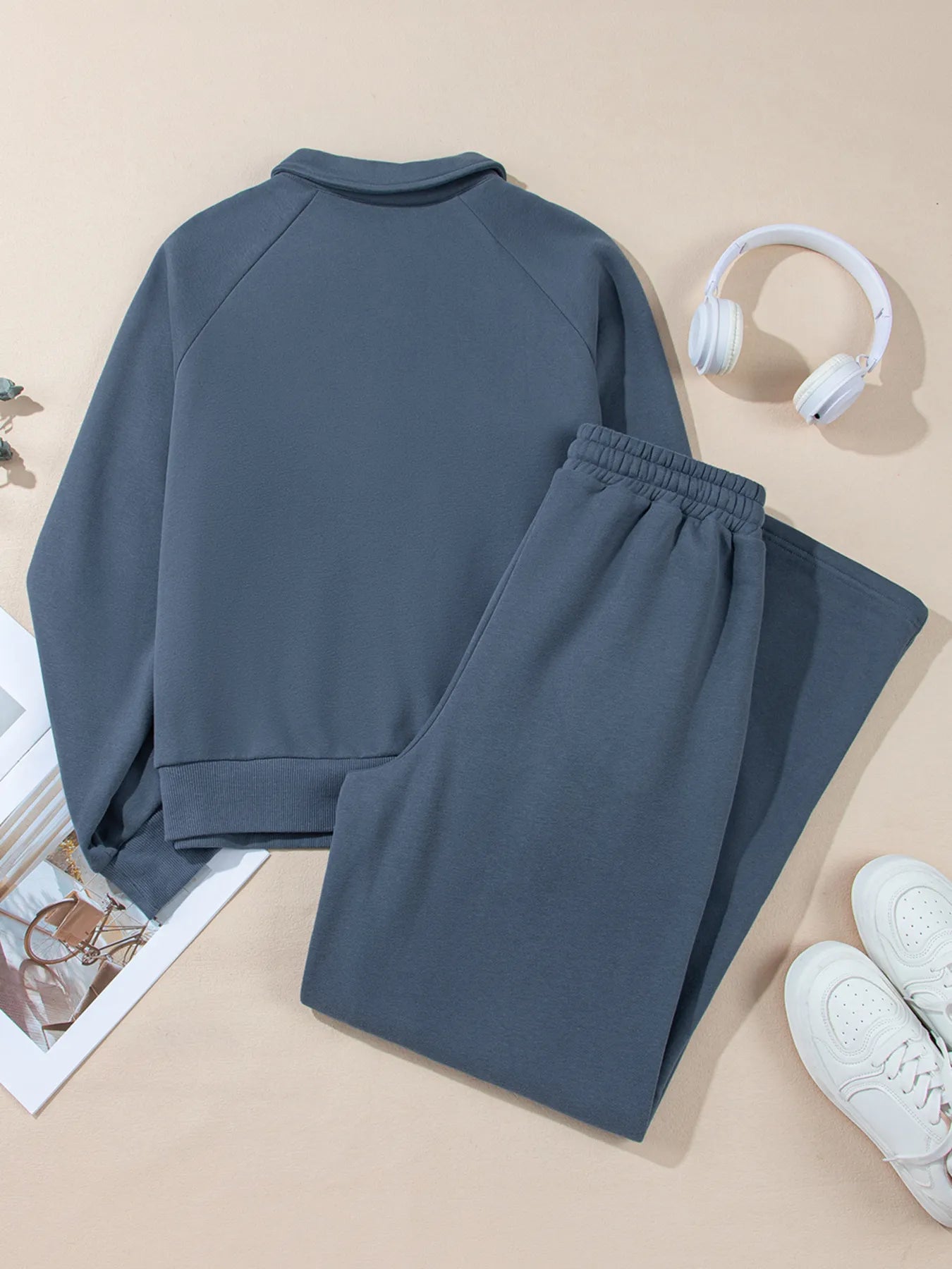 Collared Sweatshirt and High Waist Pants Active Set - Girly Tea