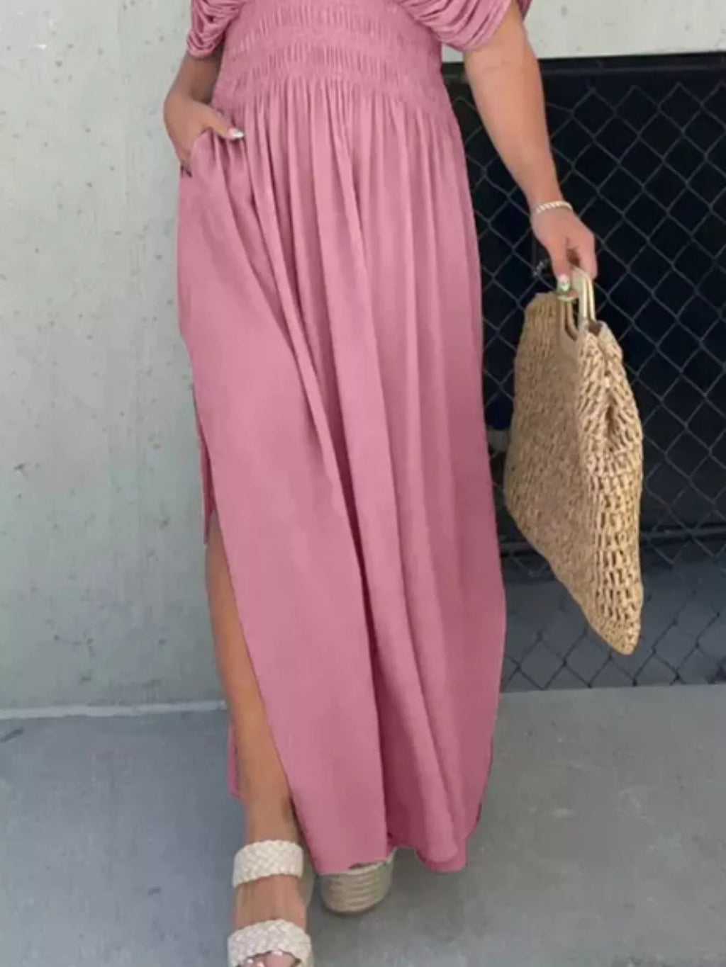 Full Size Slit V-Neck Smocked Waist Maxi Dress Plus Size - Girly Tea