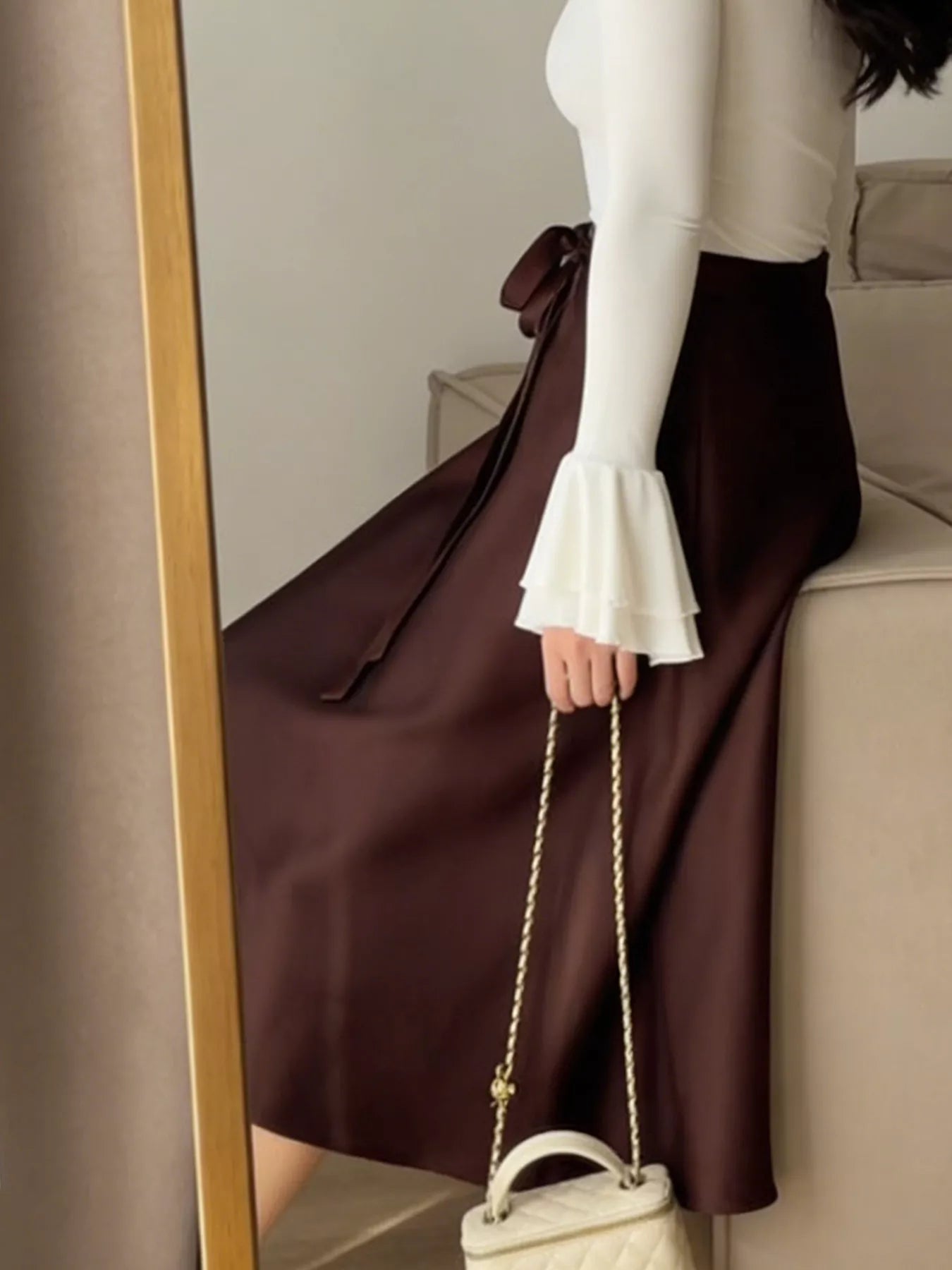 Satin A-Line Midi Skirt - Girly Tea