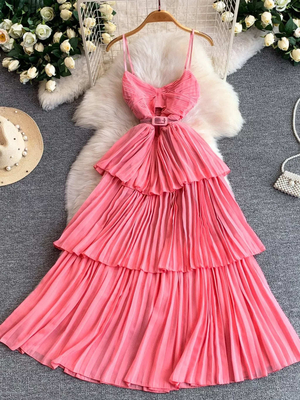 Pleated Layered Spaghetti Strap Midi Dress - Girly Tea