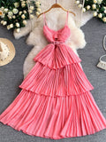Pleated Layered Spaghetti Strap Midi Dress - Girly Tea
