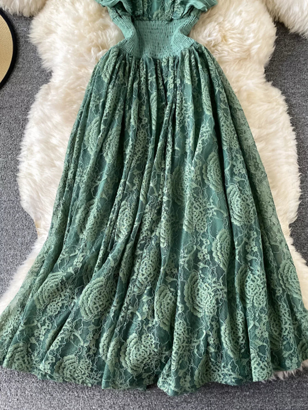Ruffled Mock Neck Lace Maxi Dress - Girly Tea
