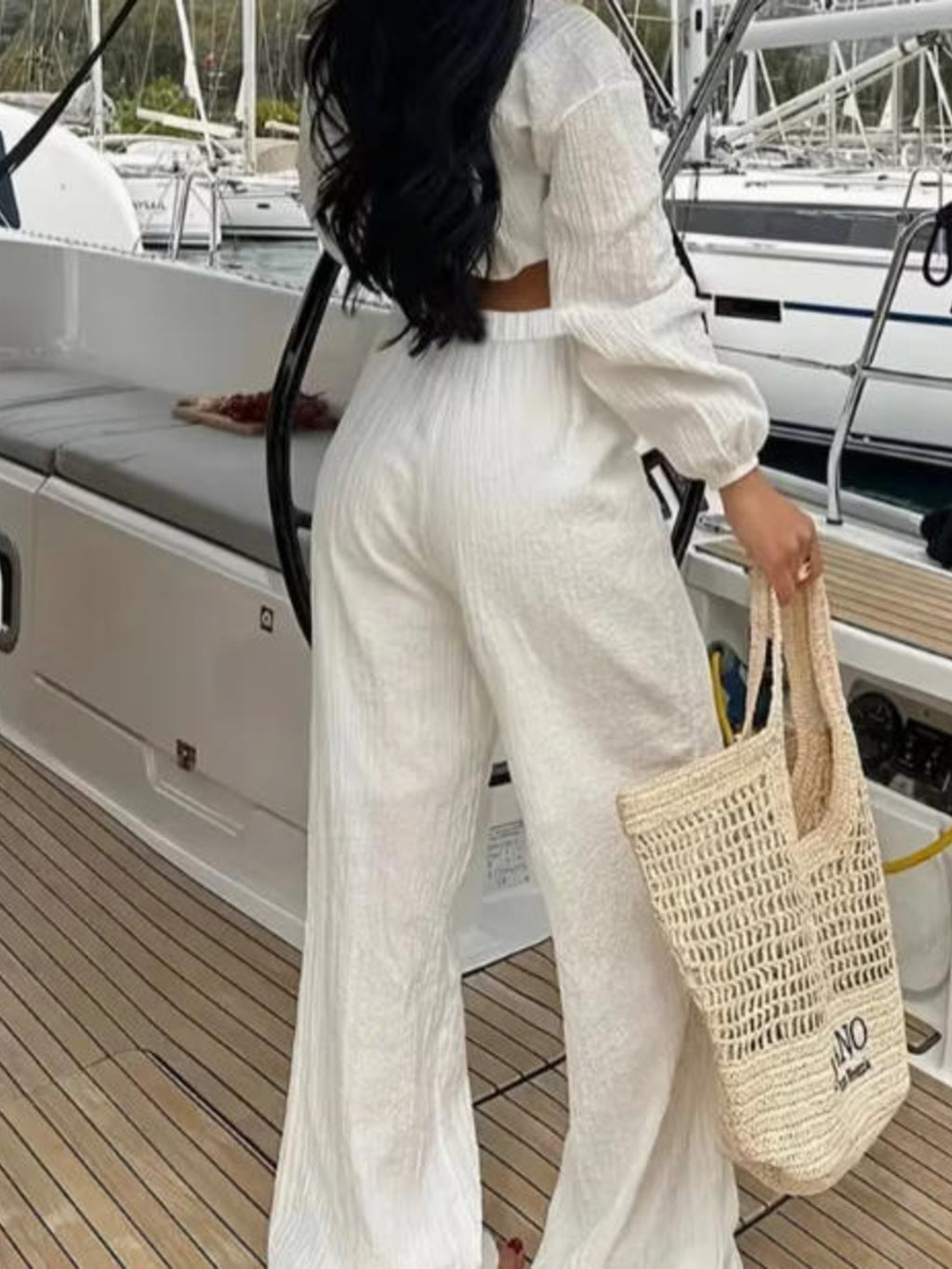 Textured Tie-Front Crop Top and Wide Leg Pants Set - Girly Tea
