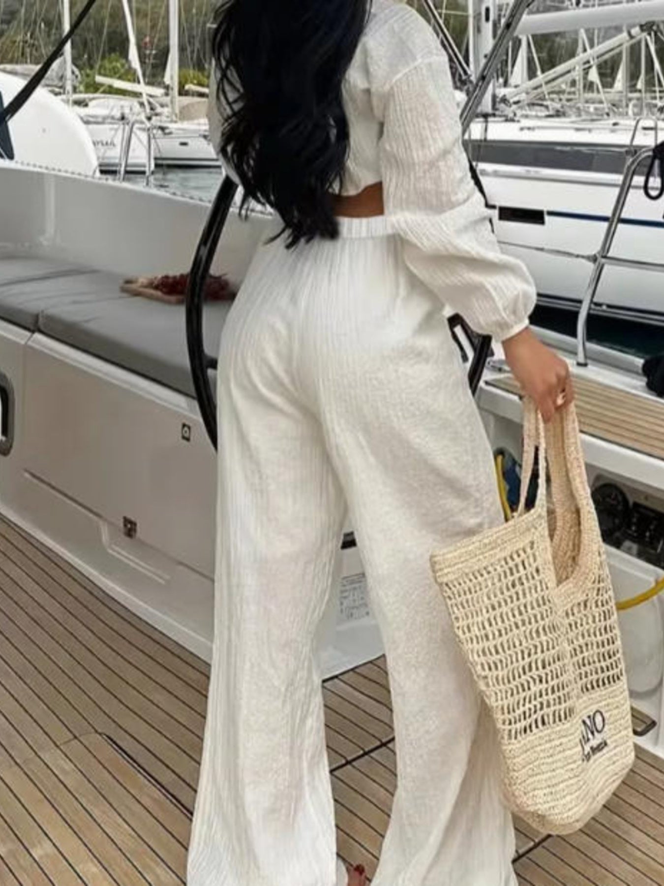 Textured Tie-Front Crop Top and Wide Leg Pants Set - Girly Tea