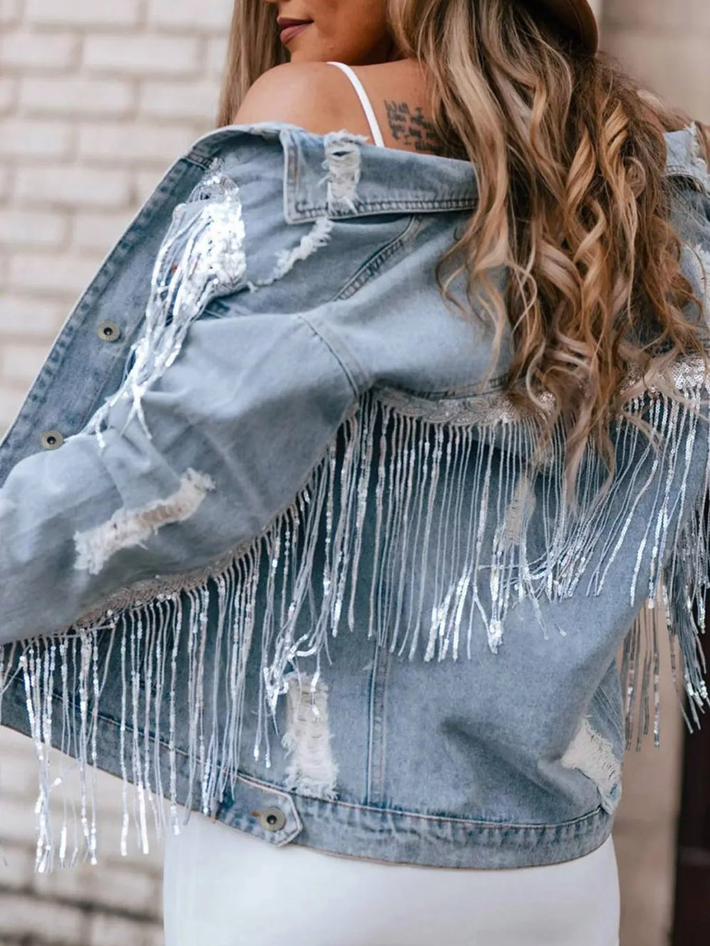 Fringed Sequin Embellished Denim Jacket - Girly Tea