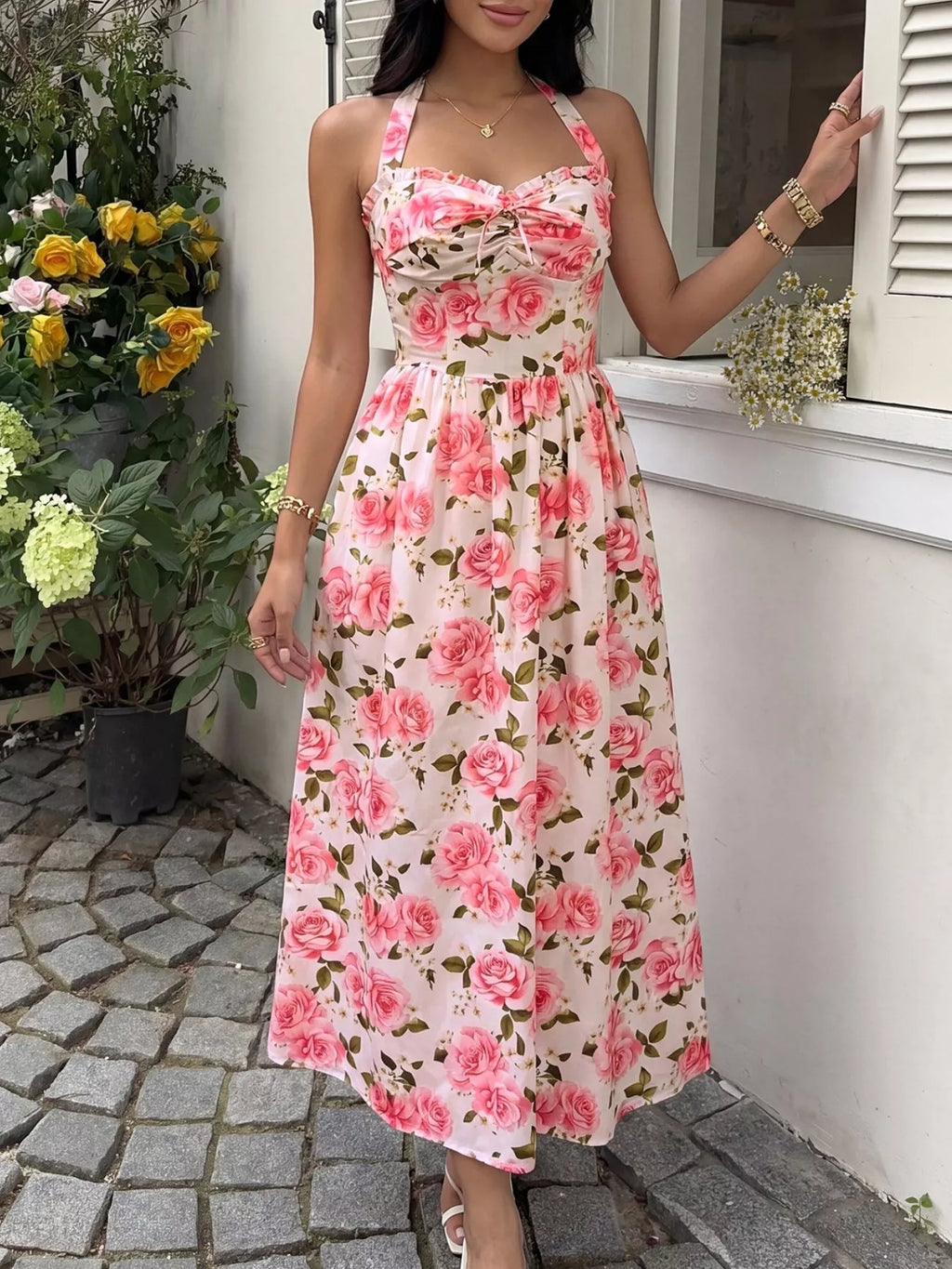 Floral Print Halter Neck Midi Dress - Girly Tea