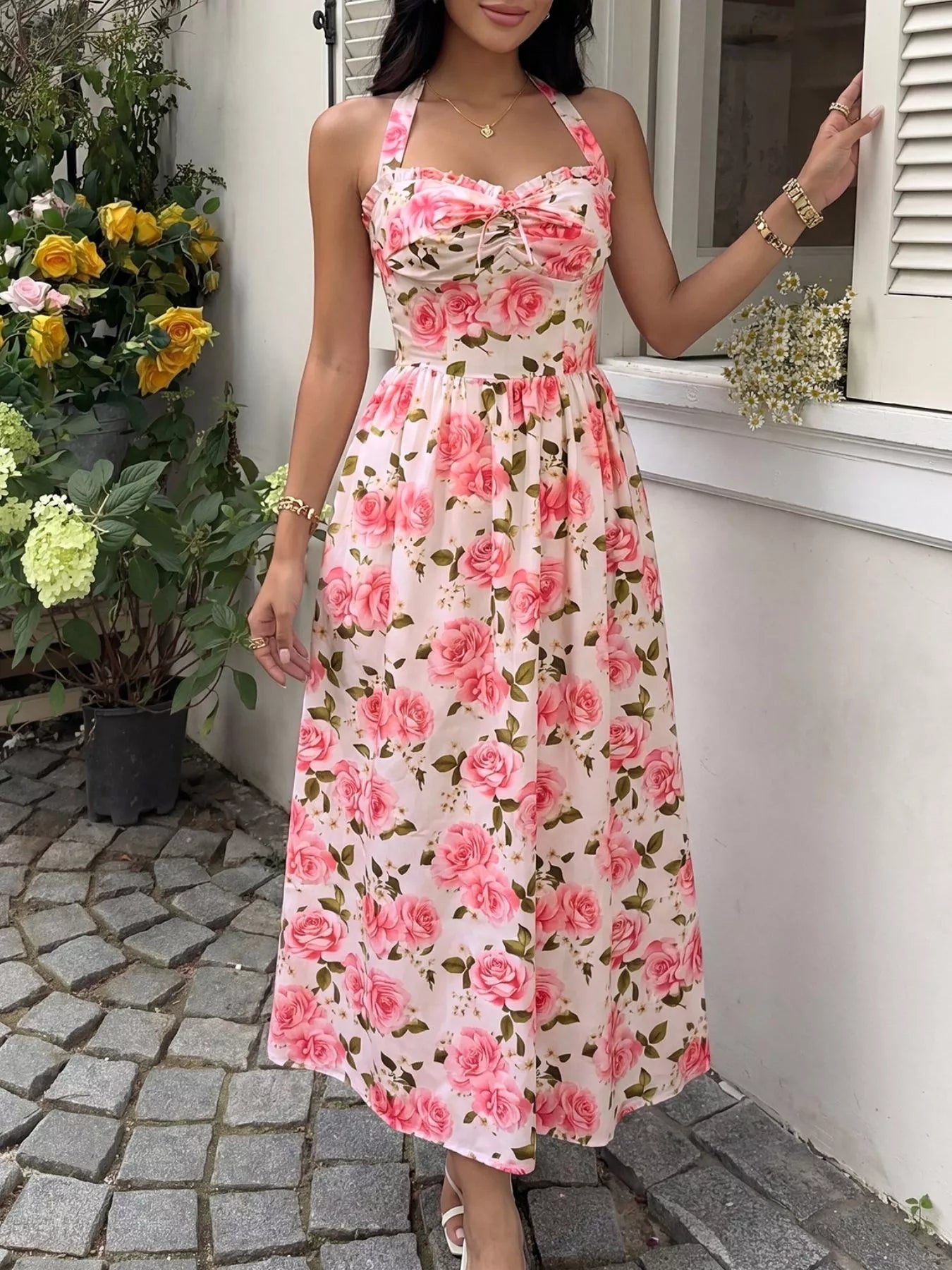 Floral Print Halter Neck Midi Dress - Girly Tea