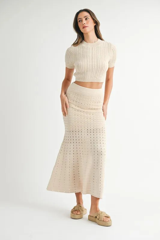 MABLE Pointelle Short Sleeve Crop Top and Slit Skirt Sweater Set - Girly Tea