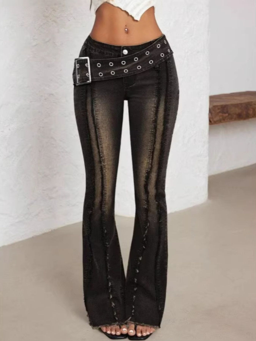 Belted High Waist Flare Jeans - Girly Tea
