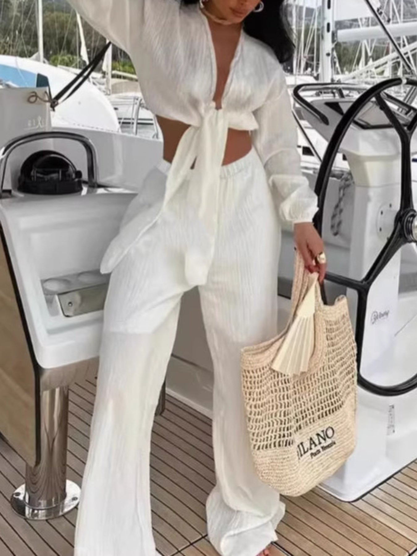 Textured Tie-Front Crop Top and Wide Leg Pants Set - Girly Tea