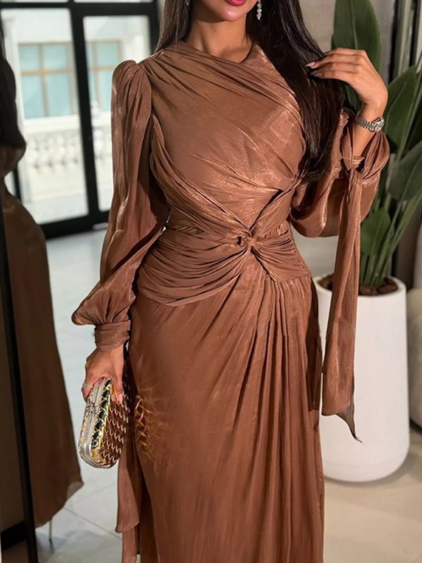 Front Twisted Draped Long Sleeve Maxi Dress - Girly Tea