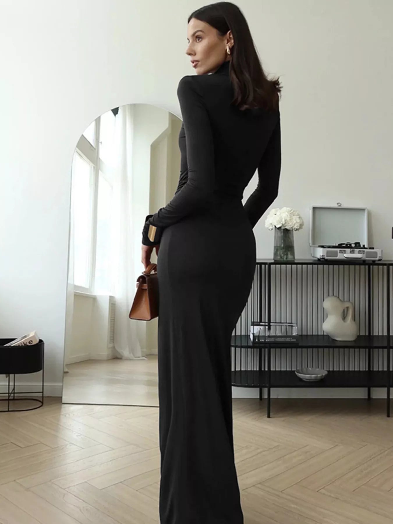 Turtleneck Long Sleeve Tie Waist Maxi Dress - Girly Tea