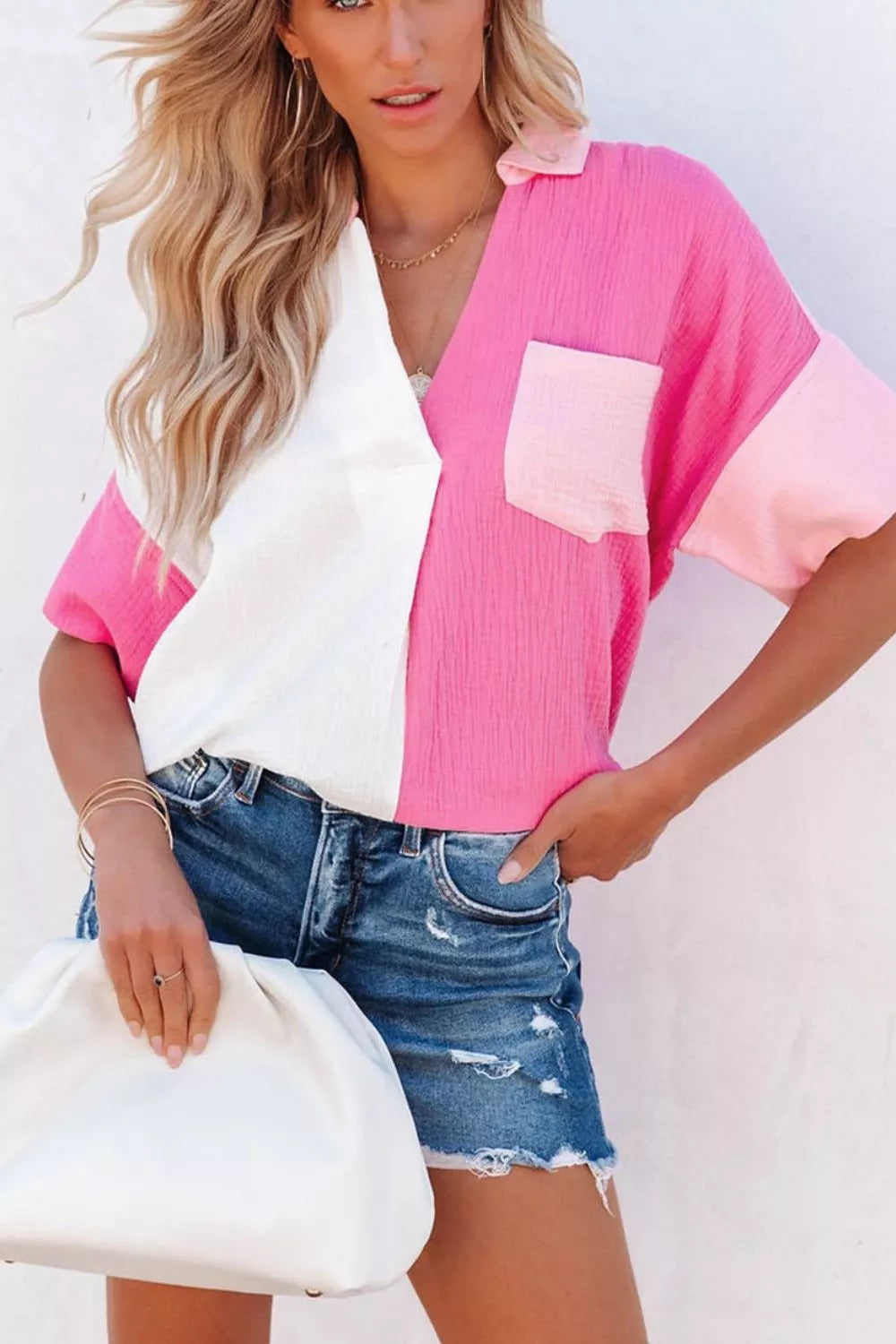 Color Block Casual Button Up Shirt - Girly Tea