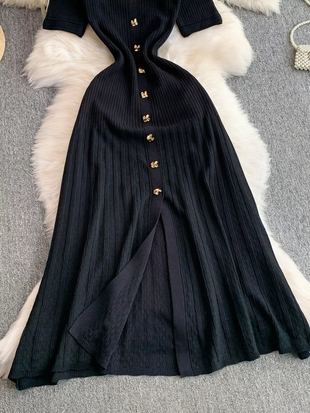 Button Front Ribbed Knit Midi Dress - Girly Tea