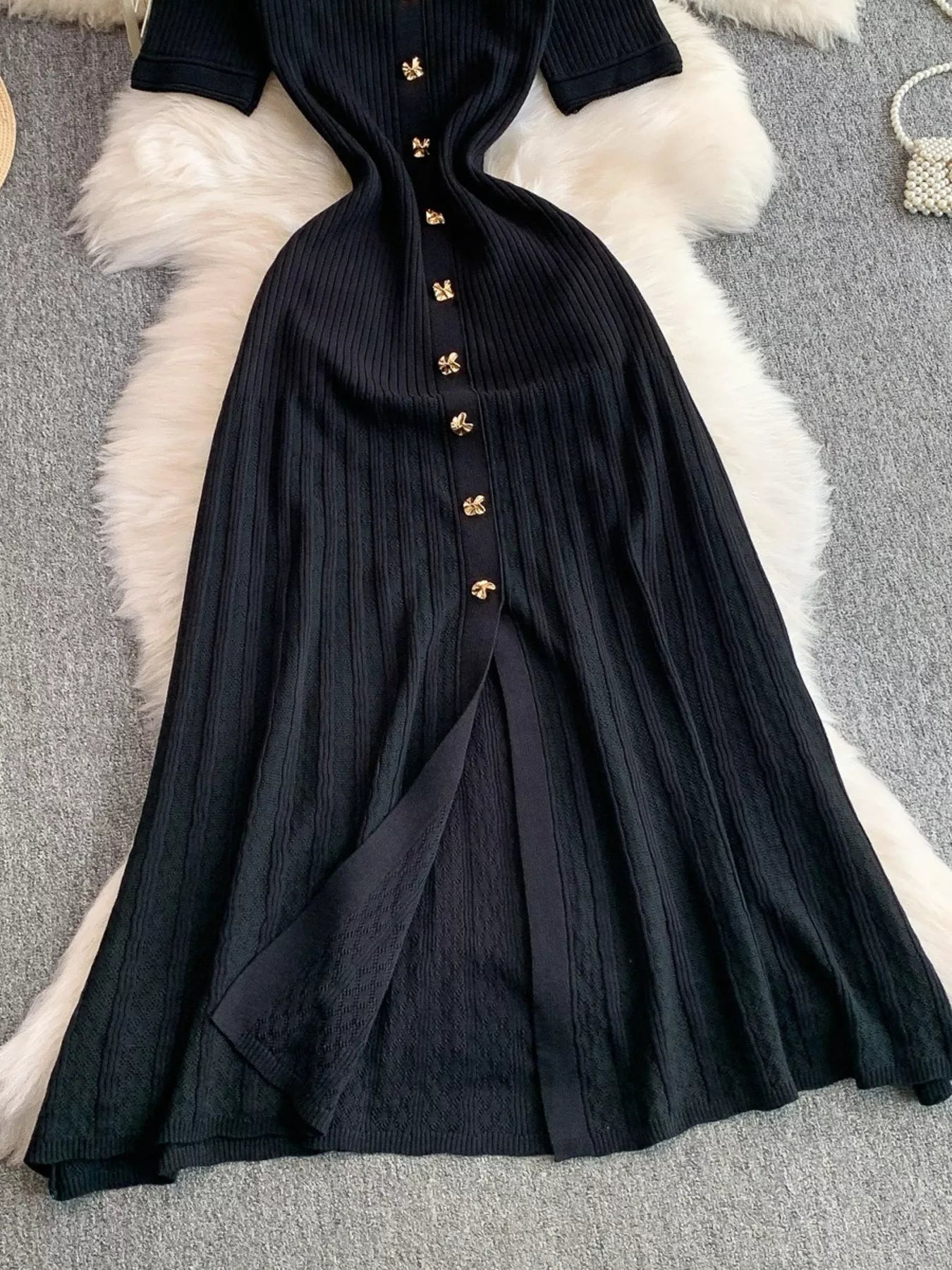 Button Front Ribbed Knit Midi Dress - Girly Tea
