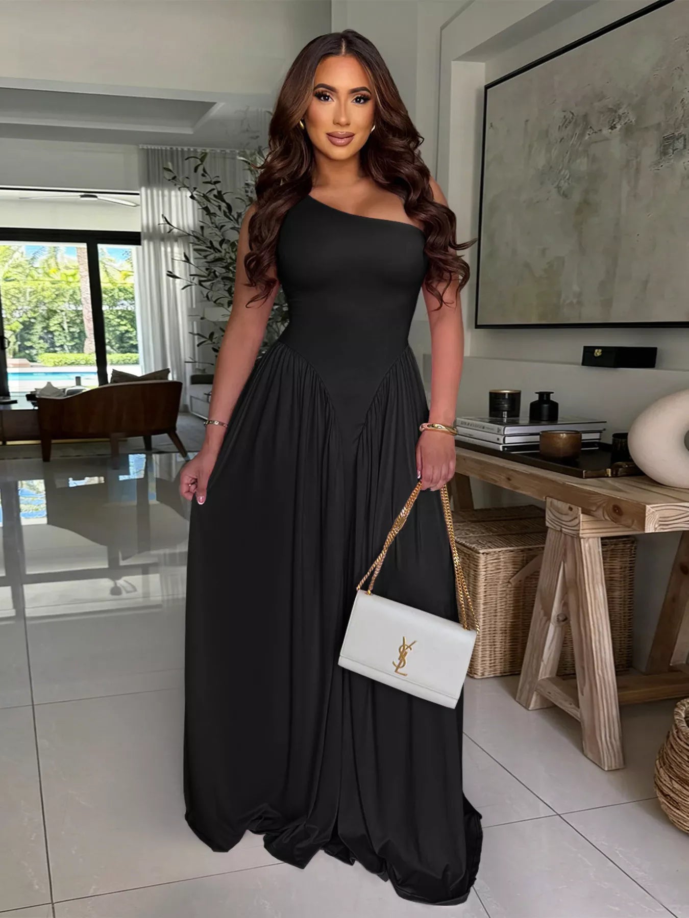 Ruched One-Shoulder Maxi Dress - Girly Tea