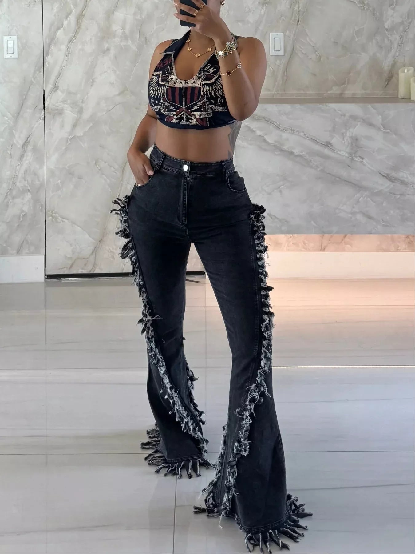 Frayed Trim High Waist Flare Jeans - Girly Tea