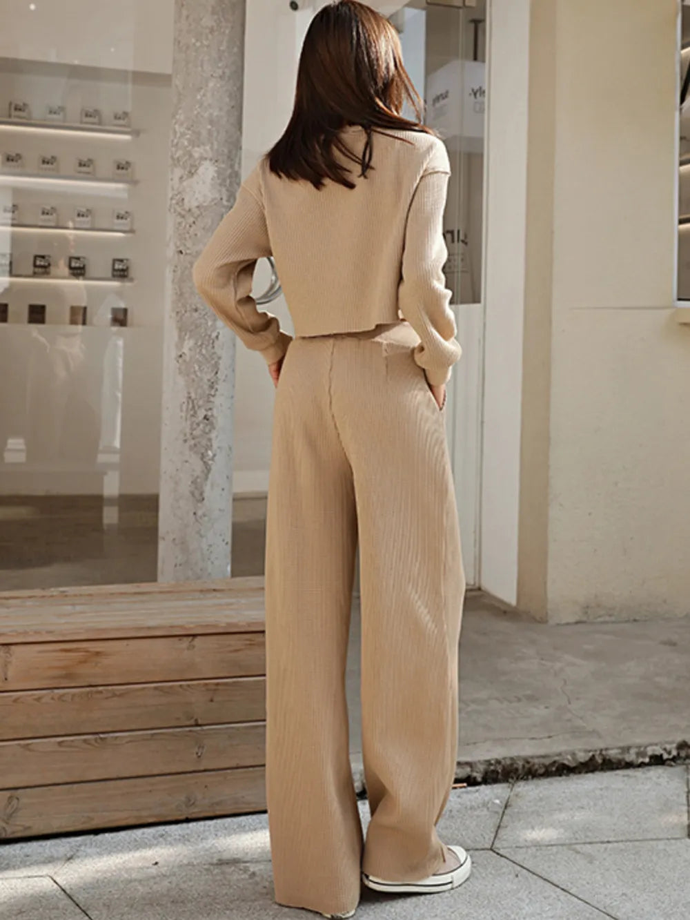 Waffle-Knit Round Neck Top and Pants Set - Girly Tea