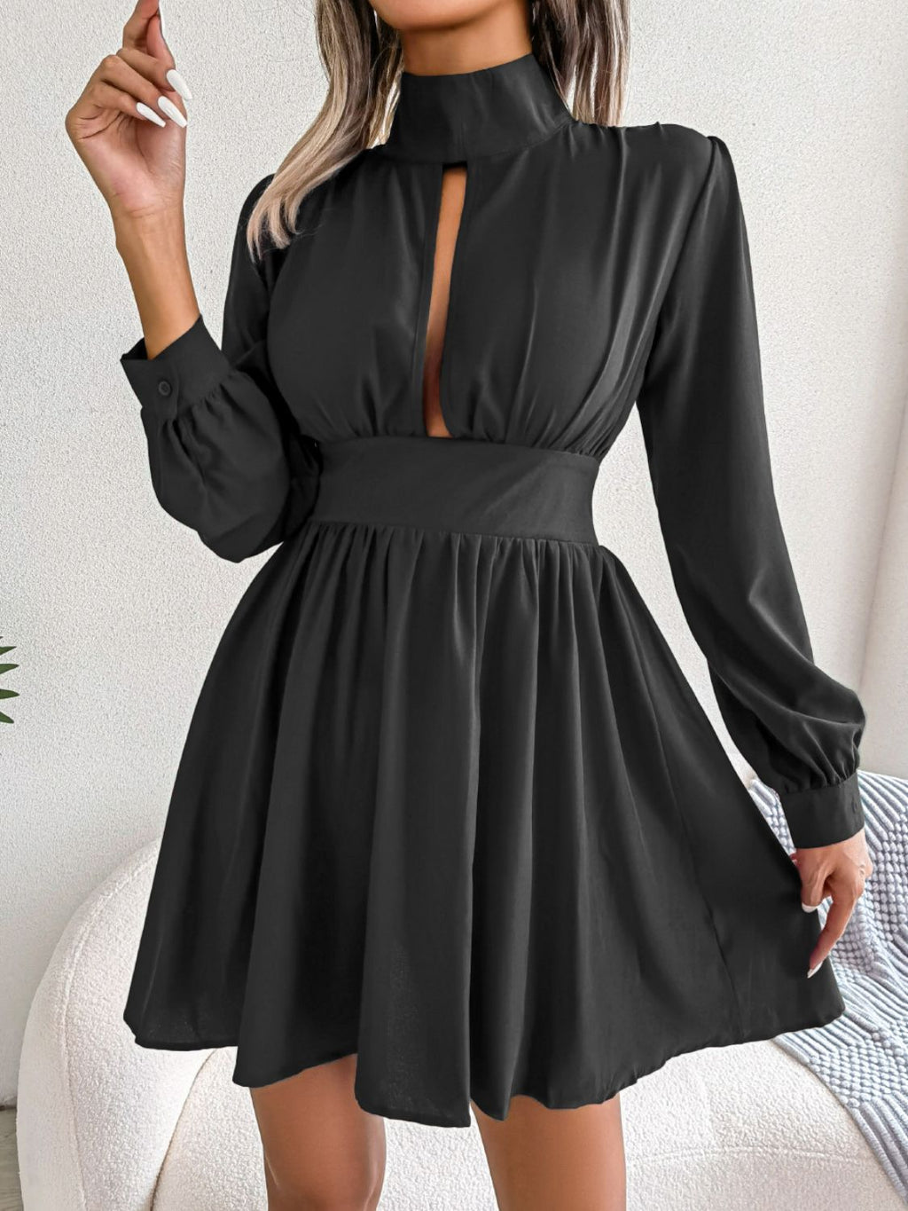Cutout Turtleneck A-Line Mini Dress - Girly Tea