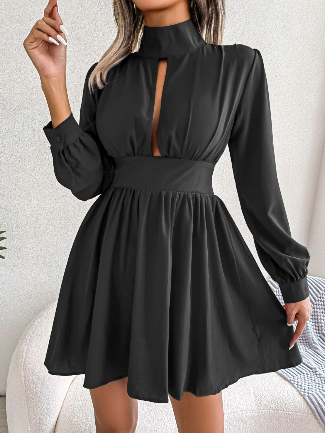 Cutout Turtleneck A-Line Mini Dress - Girly Tea