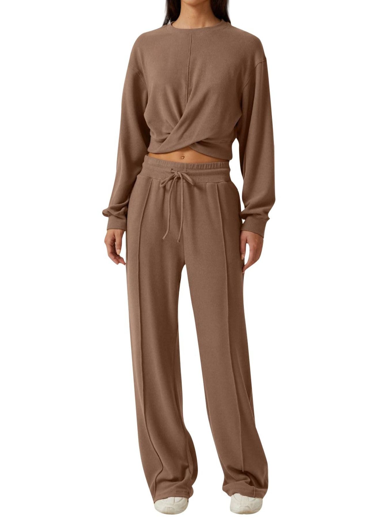 Twist-Front Long Sleeve Top and Pants Set - Girly Tea