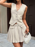 Button Up Vest and Pleated Mini Skirt Set - Girly Tea