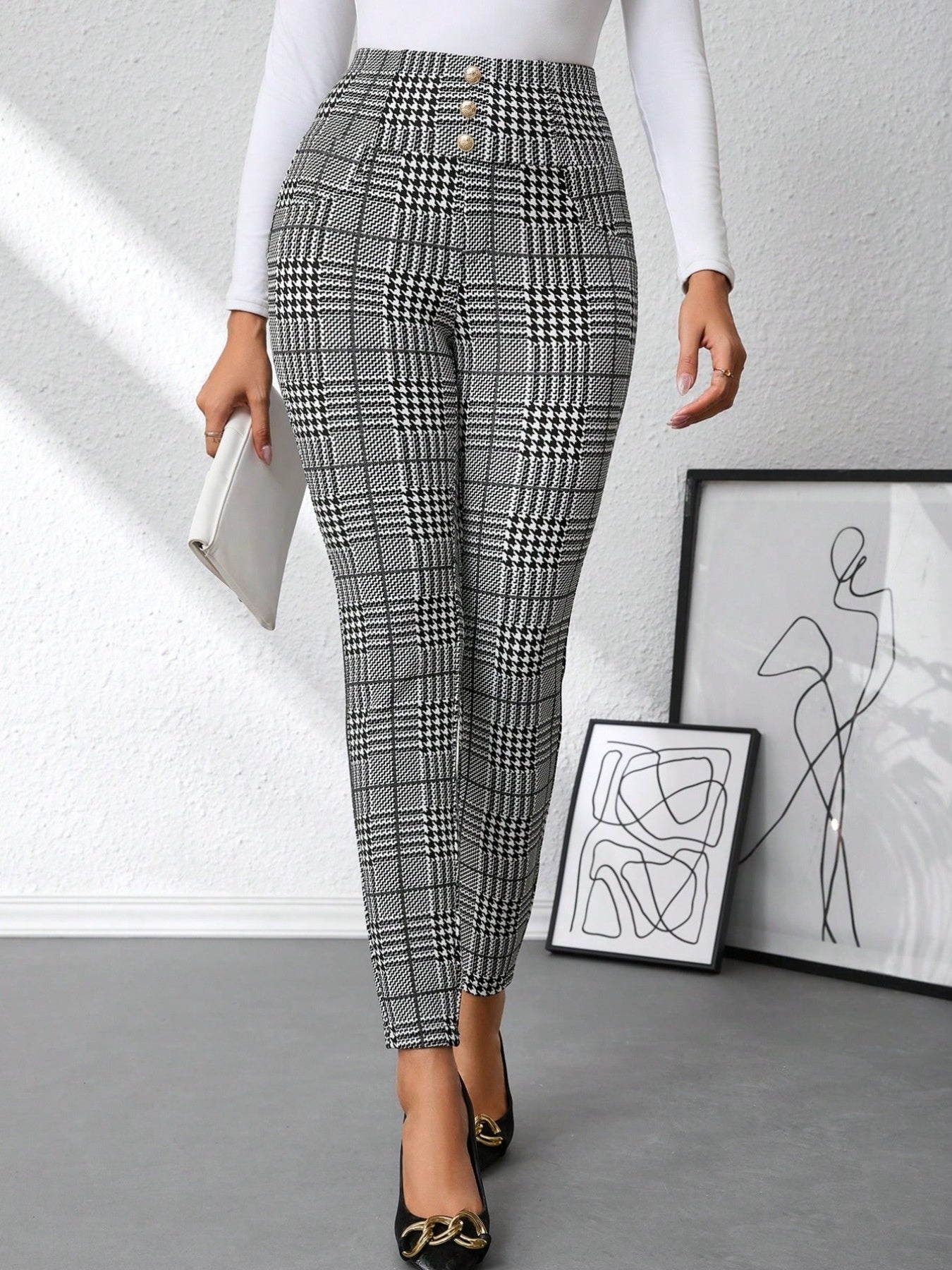 High Waist Plaid Slim Fit Pants - Girly Tea